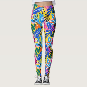 Vibrant Tropical Abstract Leaf Colourful Patterned Leggings
