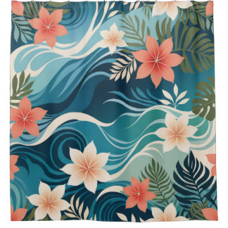 Vibrant Tropical Abstract Modern Green Blue Pink Shower Curtain