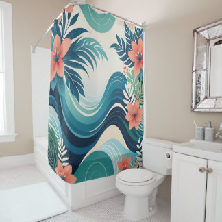 Vibrant Tropical Abstract Modern Green Blue Pink Shower Curtain