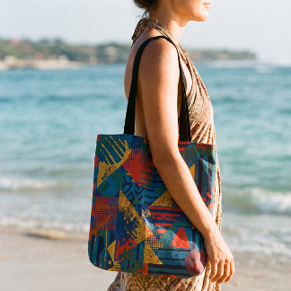 Vibrant Tropical Bauhaus Geometric Leaf Print Tote Bag
