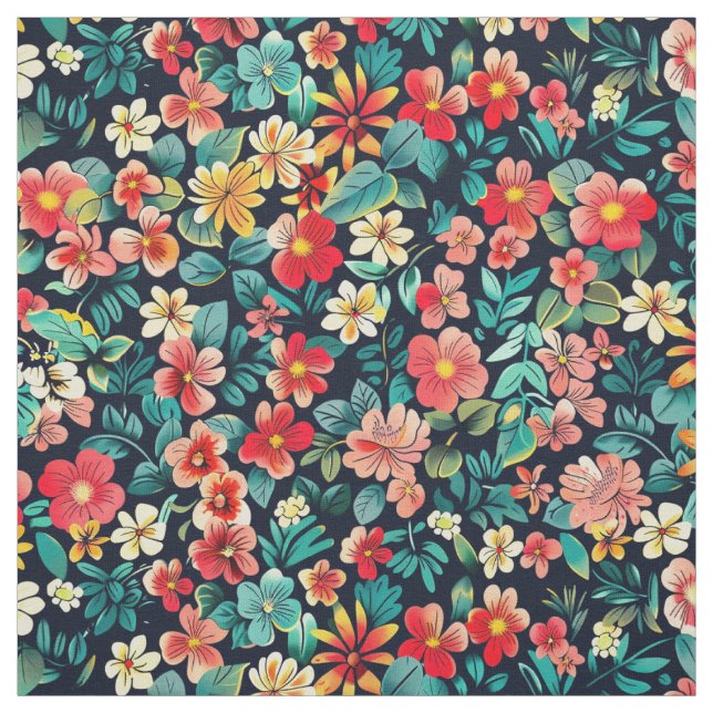 Vibrant Tropical Bloom Explosion on Midnight  Fabric (Swatch)