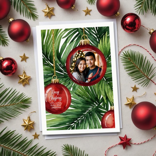 Vibrant Tropical Christmas Palm Watercolor Photo Holiday Card (Tropical Christmas card with red ornaments and palm fronds, personalized with your holiday photo.)