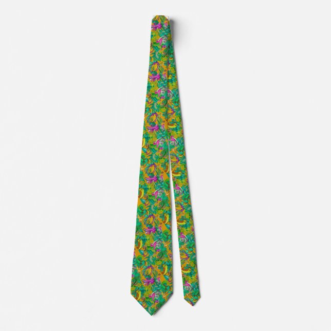 Vibrant tropical dragon pattern on orange tie (Front)