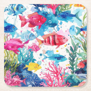 Vibrant Tropical Fish Watercolor Sea Life Pattern Square Paper Coaster
