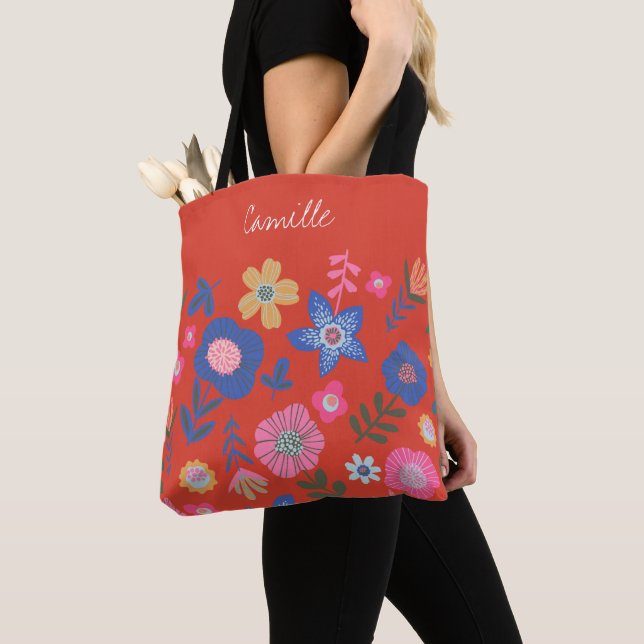 Vibrant Tropical Floral Red Personalised Script  Tote Bag (Close Up)