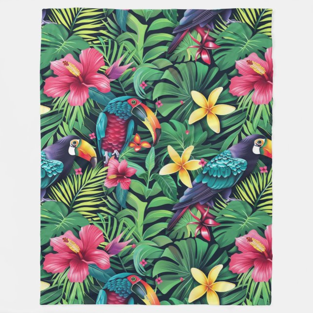 Vibrant Tropical Floral With Parrots Design Fleece Blanket (Front)