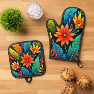 Vibrant Tropical Flower Art Oven Mitt & Pot Holder Set
