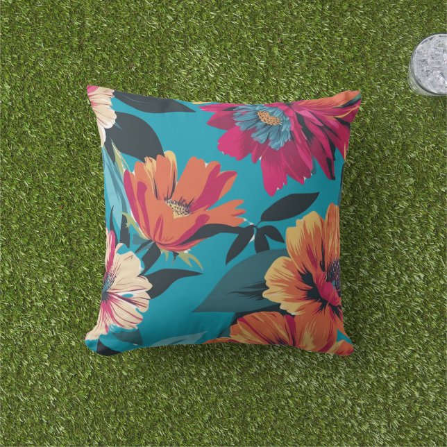 vibrant Tropical Flowers Cushion (Grass)