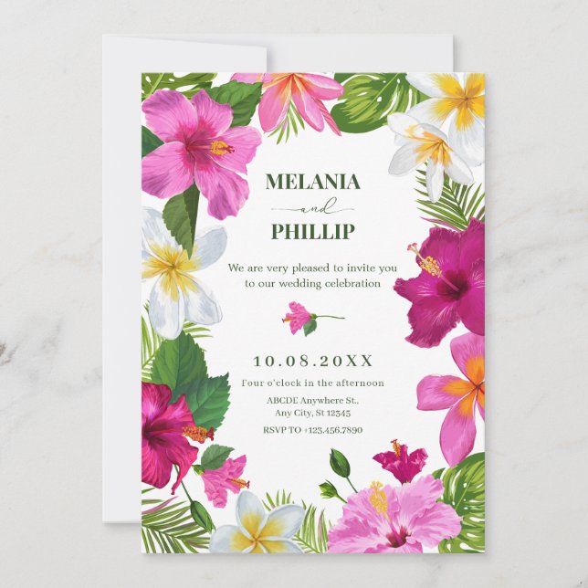 Vibrant tropical flowers wedding invitation (Front)