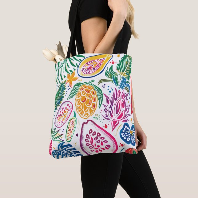 Vibrant Tropical Fruit Watercolor Pattern Budget  Tote Bag (Close Up)