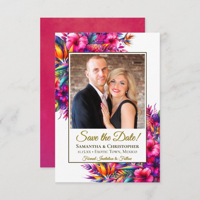 Vibrant Tropical Garden Flowers & Photo Wedding Save The Date (Front/Back)