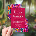Vibrant Tropical Garden Stylish Text Wedding Acrylic Invitations<br><div class="desc">Invite your loved ones to share in your joy on your wedding day with these gorgeous acrylic invitations. The stylish tropical floral design features your names prominently displayed in bold letters while the introduction and other notes feature fancy script calligraphy with swashes on the ends of the letters. The text...</div>