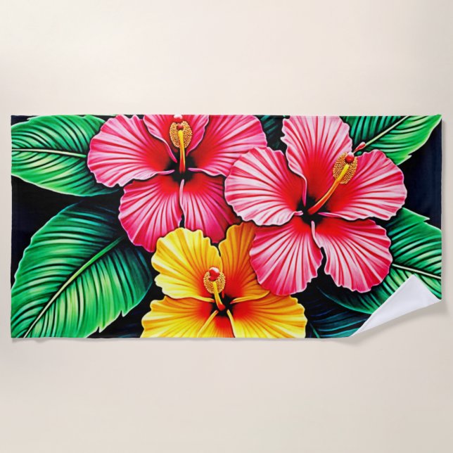 Vibrant Tropical Hibiscus Art Beach Towel (Front)