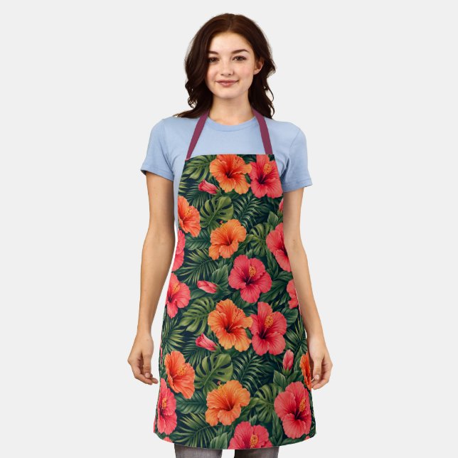 Vibrant Tropical Hibiscus Blooms Apron (Worn)