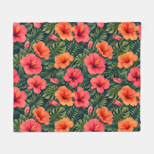 Vibrant Tropical Hibiscus Blooms Fleece Blanket