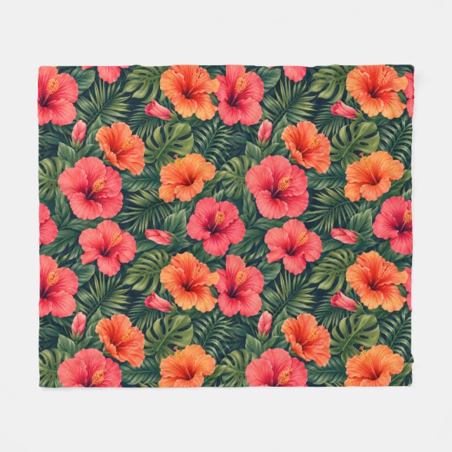 Vibrant Tropical Hibiscus Blooms Fleece Blanket (Front (Horizontal))