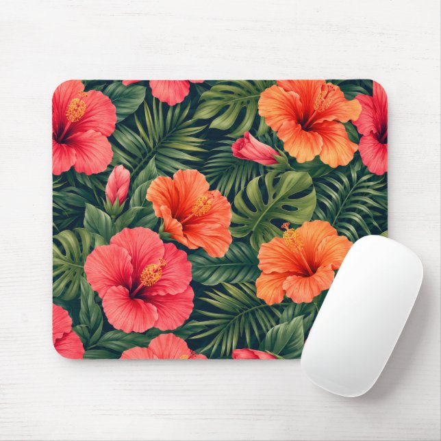 Vibrant Tropical Hibiscus Blooms Mouse Pad (With Mouse)
