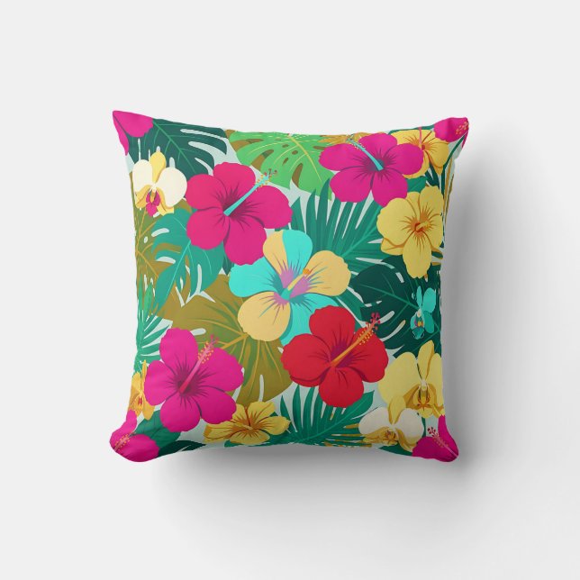 Vibrant Tropical Hibiscus Floral Pattern Cushion (Front)