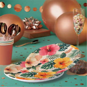 Vibrant Tropical Hibiscus Floral Seamless Pattern Paper Plate