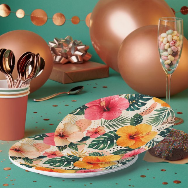 Vibrant Tropical Hibiscus Floral Seamless Pattern Paper Plate (Multi)