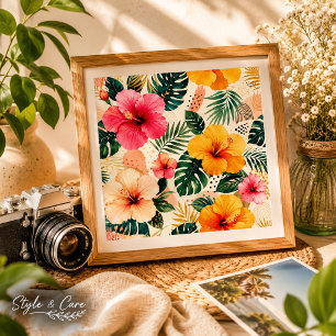 Vibrant Tropical Hibiscus Floral Seamless Pattern  Photo Print