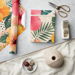 Vibrant Tropical Hibiscus Floral Seamless Pattern Wrapping Paper