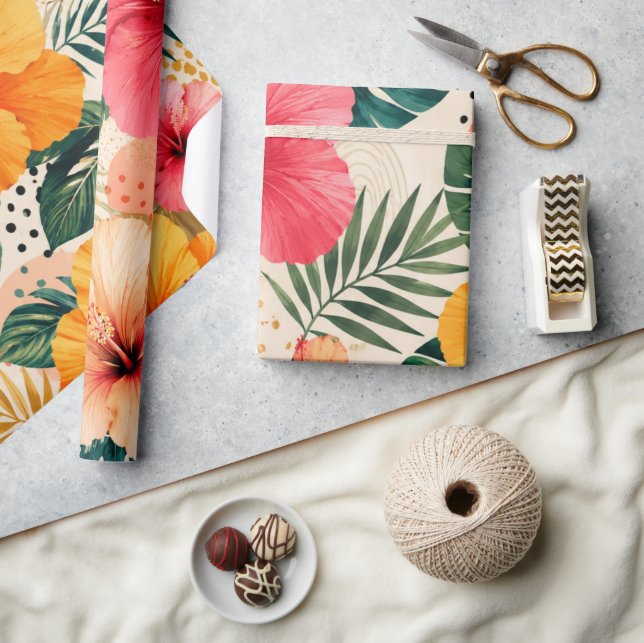 Vibrant Tropical Hibiscus Floral Seamless Pattern Wrapping Paper (Crafts)