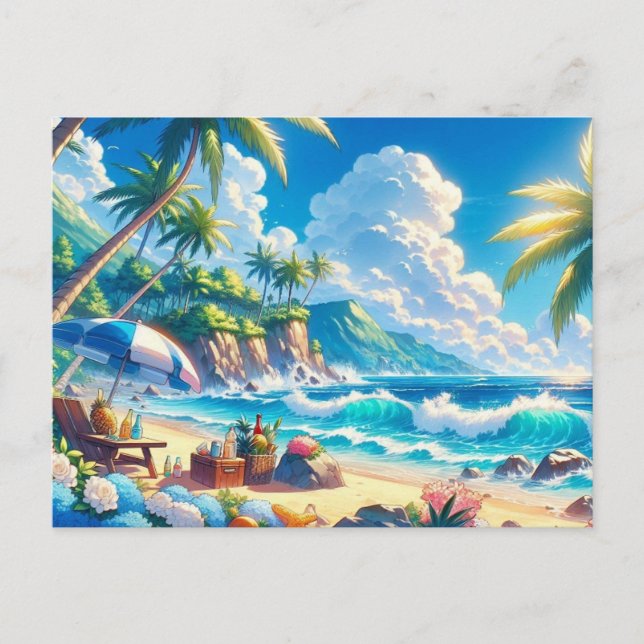 Vibrant Tropical Island Beach Watercolor Postcard (Front)