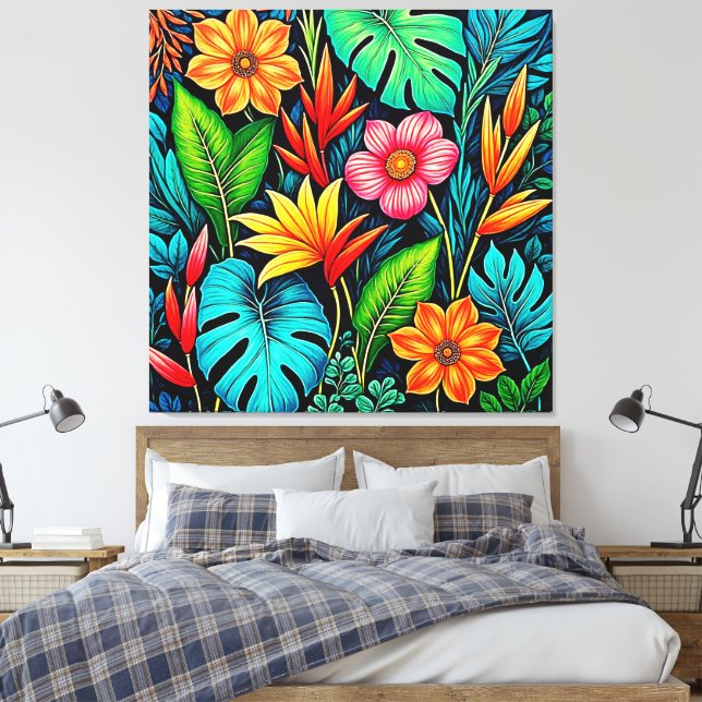 Vibrant Tropical Jungle Bloom Art Canvas Print (Insitu(Bedroom))