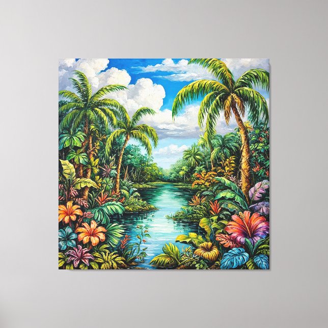 Vibrant Tropical Landscape with Palm Trees Canvas Print (Front)
