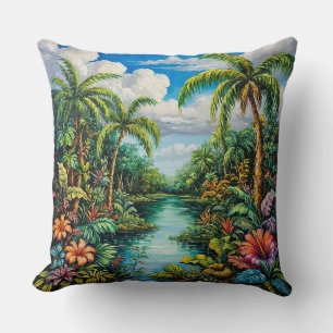 Vibrant Tropical Landscape with Palm Trees Cushion