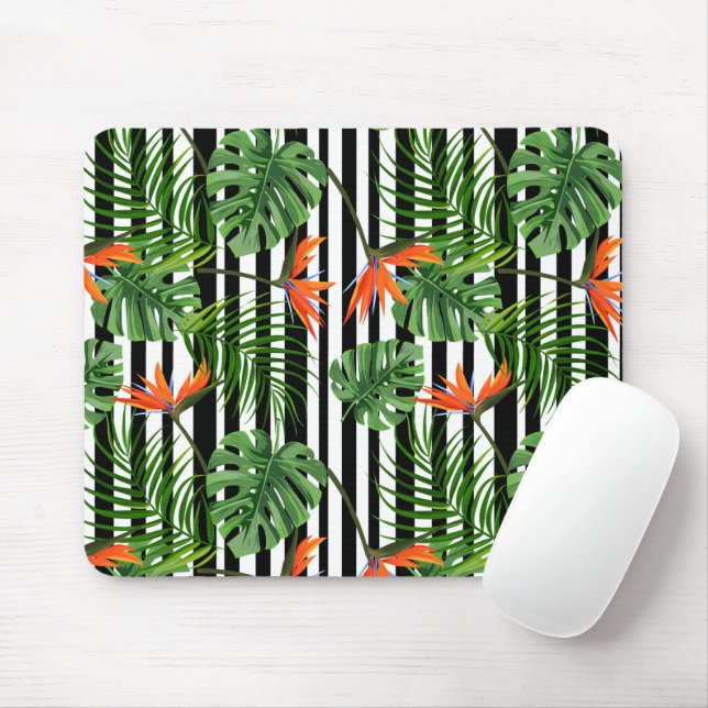 Vibrant Tropical Leaves and Flowers Design Mouse Pad (With Mouse)