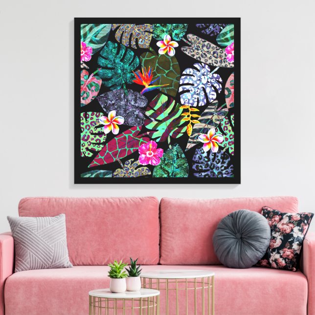 Vibrant Tropical Leaves and Flowers Pattern Canvas Print (Insitu(LivingRoom))