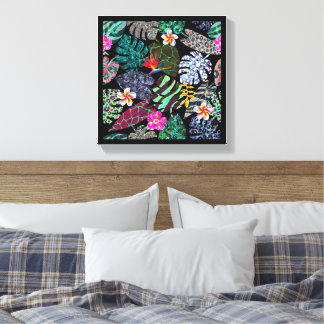 Vibrant Tropical Leaves and Flowers Pattern Canvas Print