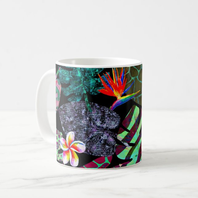 Vibrant Tropical Leaves and Flowers Pattern Coffee Mug (Front Left)