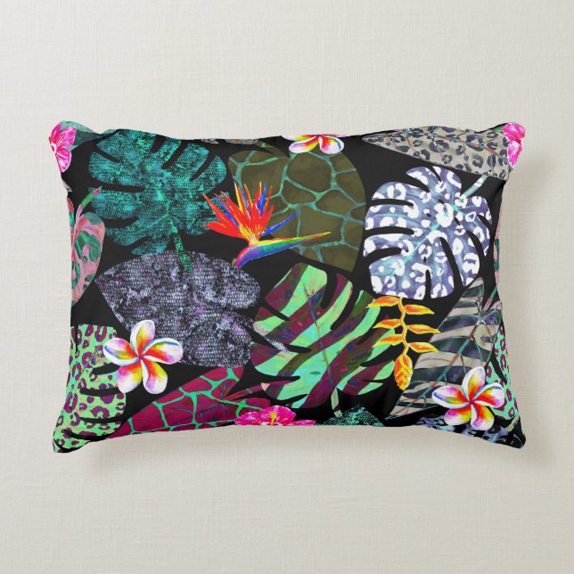 Vibrant Tropical Leaves and Flowers Pattern Decorative Cushion (Front)