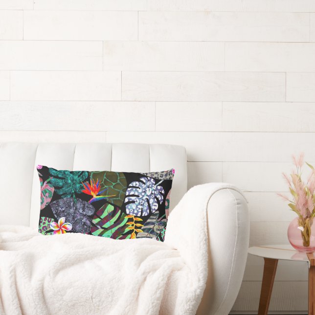 Vibrant Tropical Leaves and Flowers Pattern Lumbar Cushion (Couch)