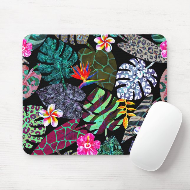 Vibrant Tropical Leaves and Flowers Pattern Mouse Pad (With Mouse)