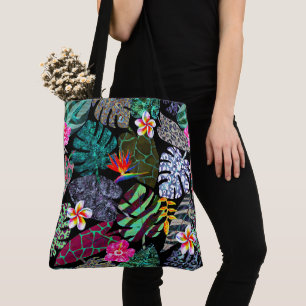 Vibrant Tropical Leaves and Flowers Pattern Tote Bag