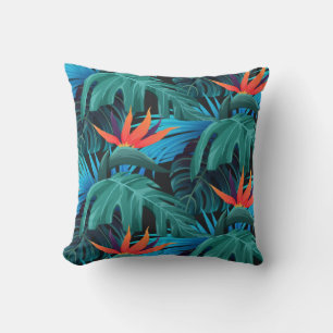 vibrant tropical leaves and orange flowers cushion