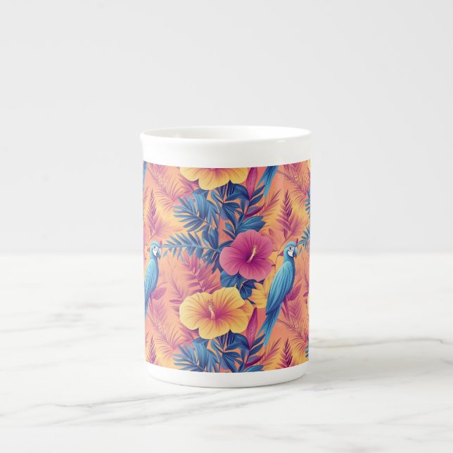 Vibrant Tropical Leaves and Parrots Summer Pattern Bone China Mug (Front)