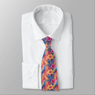 Vibrant Tropical Leaves and Parrots Summer Pattern Tie