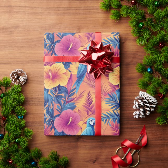 Vibrant Tropical Leaves and Parrots Summer Pattern Wrapping Paper (Holiday Gift)