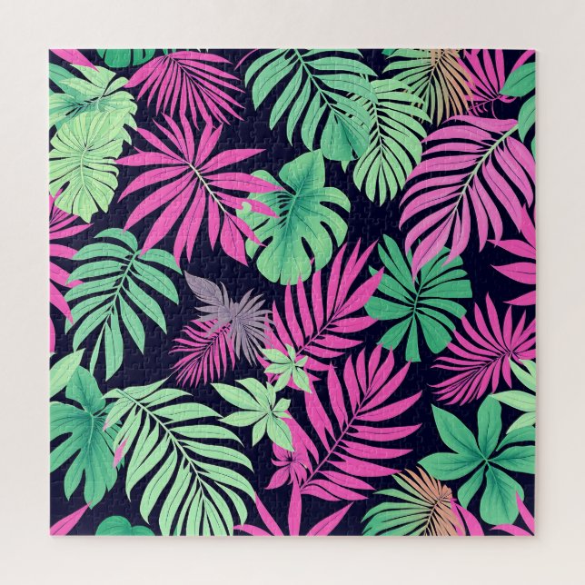 Vibrant Tropical Leaves Neon Pattern Jigsaw Puzzle (Vertical)