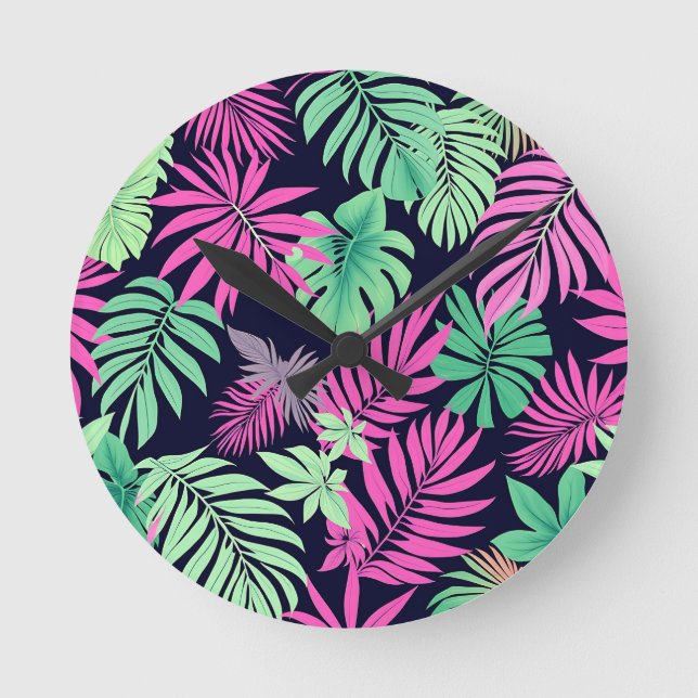 Vibrant Tropical Leaves Neon Pattern Round Clock (Front)
