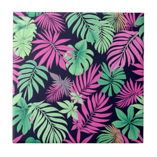 Vibrant Tropical Leaves Neon Pattern Tile