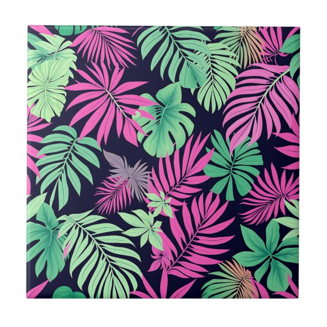 Vibrant Tropical Leaves Neon Pattern Tile (Front)