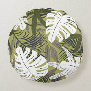 Vibrant Tropical Leaves Pattern Round Cushion