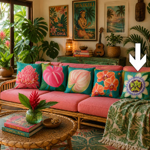 Vibrant Tropical Lilikoi Flower Painting Teal Cushion