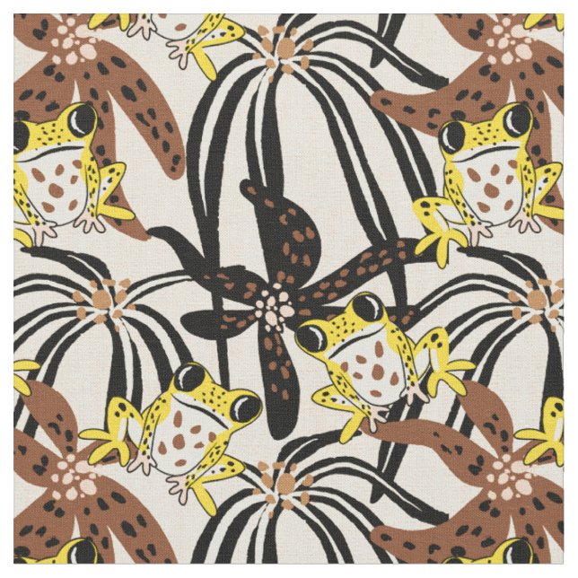 Vibrant tropical oasis exotic frog - yellow brown  fabric (Close Up)